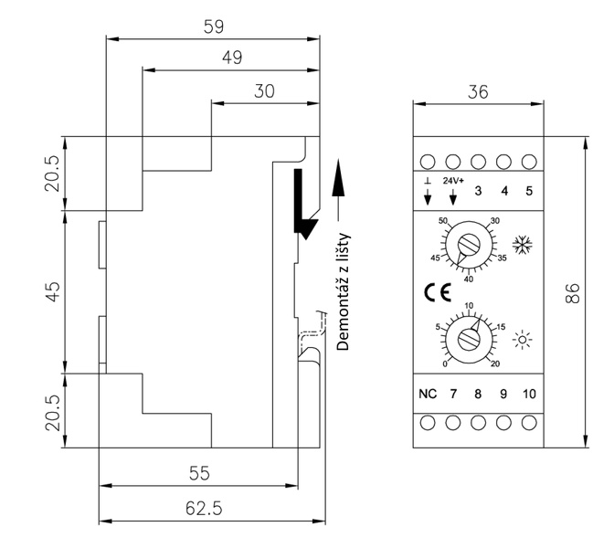 Rozměrové schéma termostatu SCC-003-A